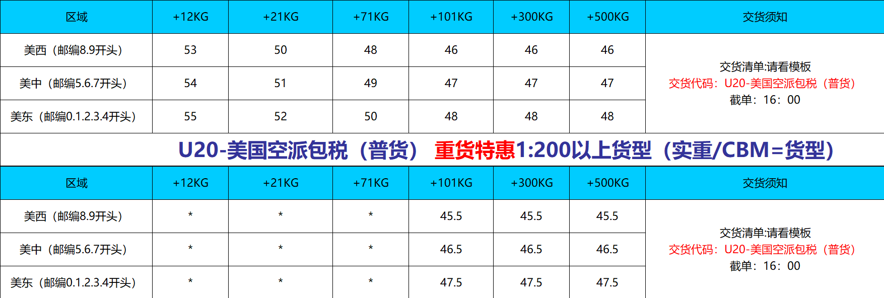 美国空派专线价格表